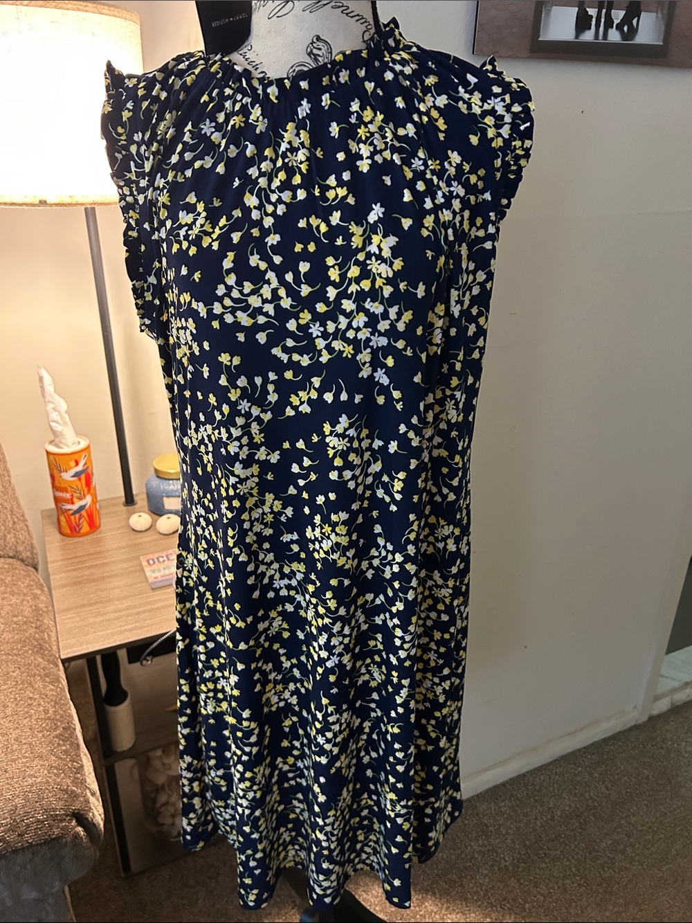 Tommy Hilfiger Navy Floral Sleeveless Midi Dress with Yellow & White Print